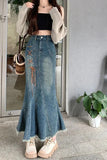 Upgrade your Y2K Whimsigoth Aesthetic with this High Waist Irregular Style Mermaid Denim Skirt. The ultimate essential for Korean streetwear outfits, asymmetric fishtail maxi skirt trends, and dramatic denim lookbooks. Featuring a flattering snatched high-rise waist and a cascading ruffled wave hem, this long jean skirt is a must-have for your Aesthetic Skirts