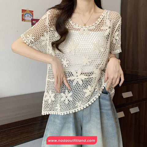 Short Sleeve Floral Lace Hollow Crochet Shirt