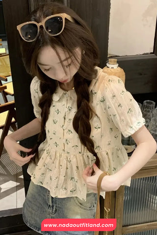 Short Sleeve Floral Pattern Doll Collar Shirt