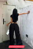 Drawstring Elastic Waist Wide Leg Cargo Jogger Sweatpants