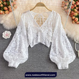 Batwing Sleeve Backless Cropped Lace Blouse Shirt