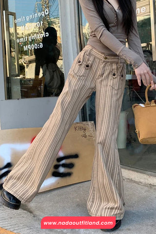 High Waist Striped Style Brown Denim Pants
