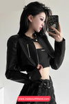 Long Sleeve Classic Cropped Leather Black Jacket