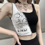 Person wearing a black tank top with a graphic design and text.