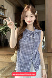 Sleeveless Vintage Plaid Elegant Bow Blouse Shirt