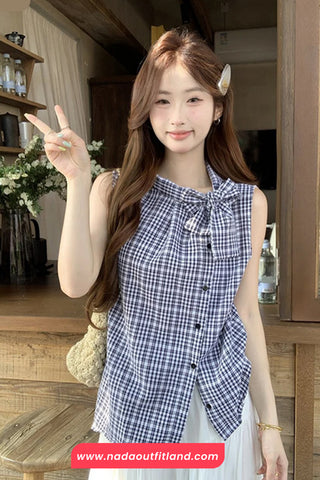 Sleeveless Vintage Plaid Elegant Bow Blouse Shirt