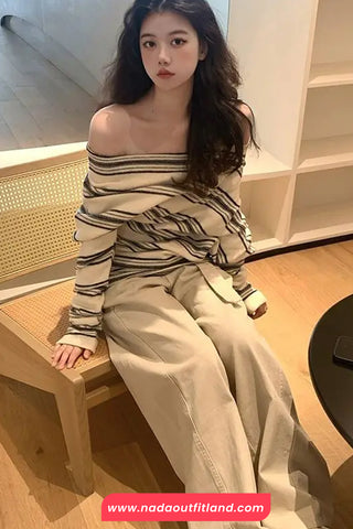 Long Sleeve Slash Neck Striped Casual Shirt