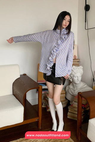 Long Sleeve Vintage Striped Ruffles Irregular Blouse Shirt