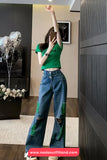 High Waist Green Ripped Hole Jeans Pants