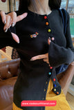 Long Sleeve Cute Dog Embroidered Colorful Buttons Cardigan Sweater