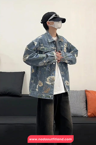 Long Sleeve Retro Flowers Pattern Denim Jeans Jacket