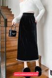 High Waist Sweet Pearl Velvet Slit Cut Skirts