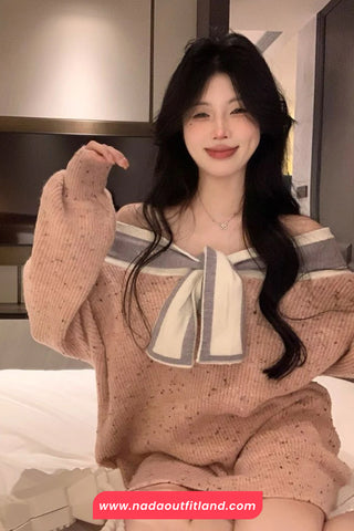 Long Sleeve Off Shoulder Sweet Bow Knitted Sweater
