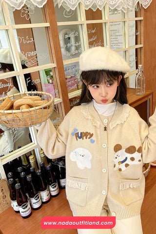Cute Puppy Cartoon Embroidered Knitted Cardigan Sweater