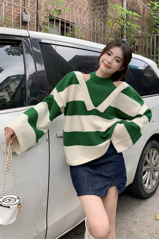 V-Neck Fake Two Striped Sweater