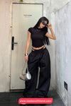 Drawstring Elastic Waist Wide Leg Cargo Jogger Sweatpants