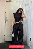Drawstring Elastic Waist Wide Leg Cargo Jogger Sweatpants
