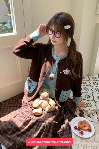 Long Sleeve Cute Bow Dots Pattern Pocket Cardigan Sweater