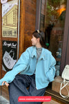 Long Sleeve Stand Collar Simple Blue Zipper Jacket
