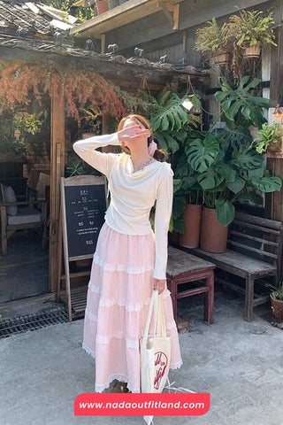 High Waist Cute Plaid Lace Patchwork Long Skirts