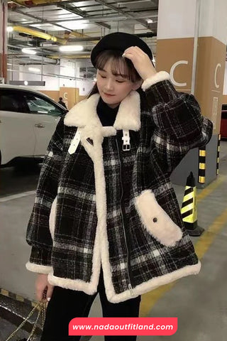 Loose Plaid Pattern Woolen Coat Jacket