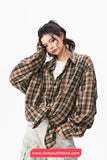 Loose Long Sleeve Retro Plaid Pattern Blouse Shirt