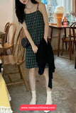 Green Plaid Slash Neck Sleeveless Summer Dress