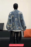 Long Sleeve Retro Flowers Pattern Denim Jeans Jacket