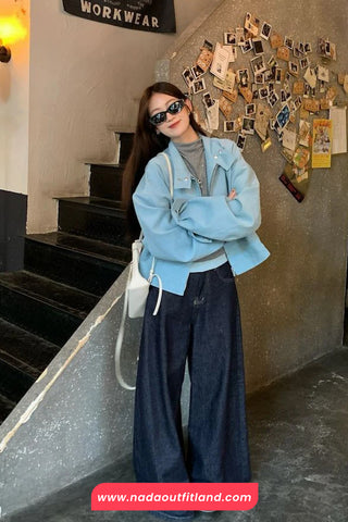 Long Sleeve Stand Collar Simple Blue Zipper Jacket