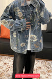 Long Sleeve Retro Flowers Pattern Denim Jeans Jacket