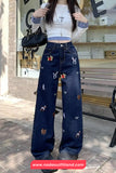 Cute Puppy Pattern Embroidered Retro Jeans Pants