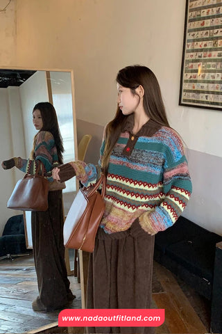 Long Sleeve Turn Down Collar Retro Pattern Sweater