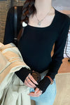 Long Sleeve U-Neck Knitted Slim Sweater