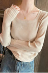 Long Sleeve U-Neck Knitted Slim Sweater