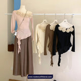 Long Sleeve 3D Floral Skew Collar Irregular Shirts