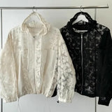 Two jackets, one white and one black with a pattern, hanging on a rack.