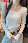 Long Sleeve U-Neck Knitted Slim Sweater