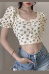 Floral Pattern Lace Square Collar Crop Tops