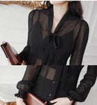 Long Sleeve Sexy V-Neck Bow Thin Transparent Shirt