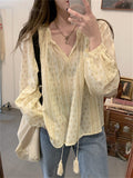 Vintage Printed Lace Up Loose Blouse Shirt