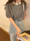 Loose Puff Sleeve Retro Plaid Shirt