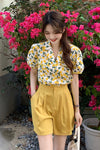 Floral Puff Sleeve Turn Down Collar Blouse Shirt