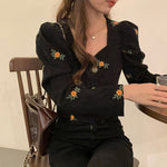 Long Sleeve Flower Pattern Embroidered Cropped Shirt