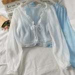 Long Sleeve Lace Bow Transparent Thin Blouse Shirt