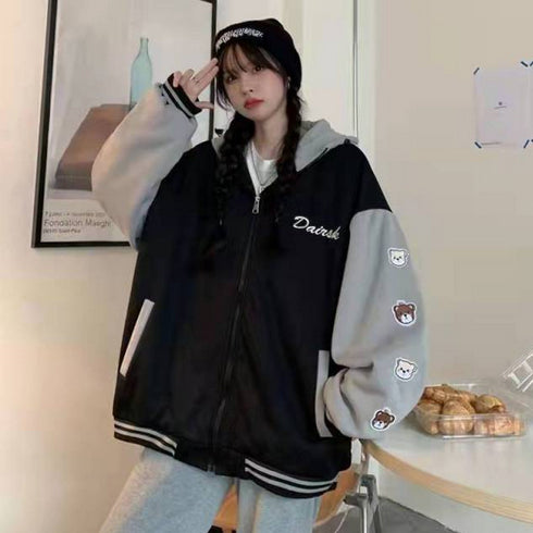 Bear Sleeve Printed Hooded Baseball Jackets – Nada Outfit Land