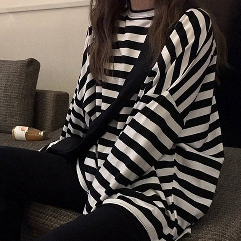 Long Sleeve Loose Black Striped Shirt