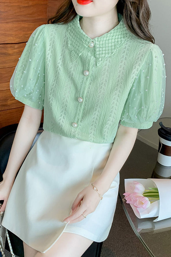 Lace Puff Sleeve Lapel Collar Blouse Shirts – Nada Outfit Land