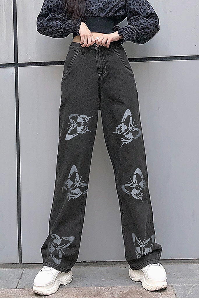 High Waist Wide Leg Butterfly Pattern Jeans Pants – Nada Outfit Land