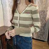 V-Neck Stripes Cropped Casual Cardigan Sweater