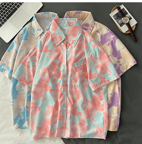 Short Sleeve Tie Dye Style Button Shirt